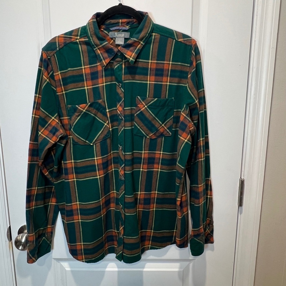 Natural Reflections Womens Flannel Shirt Plaid Green XL